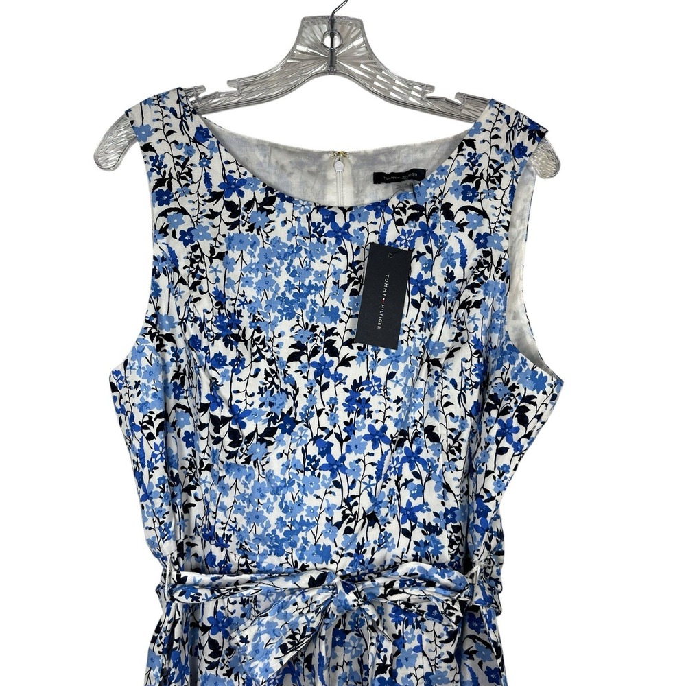 NWT $139 TOMMY HILFIGER Sz 12 Dress Blue Floral Fit & Flare Tie Belt Sleeveless - Picture 2 of 12